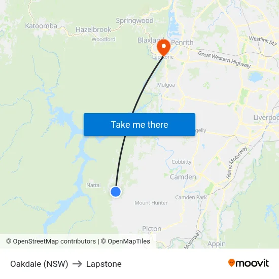 Oakdale (NSW) to Lapstone map