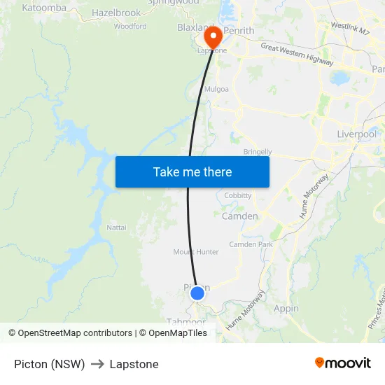 Picton (NSW) to Lapstone map