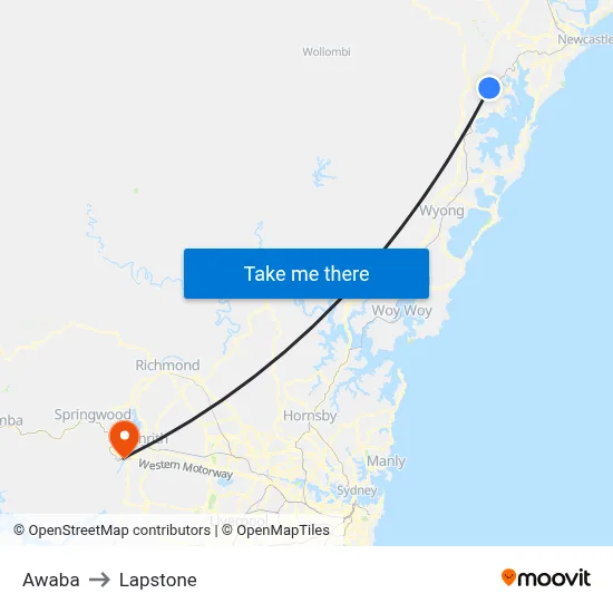 Awaba to Lapstone map