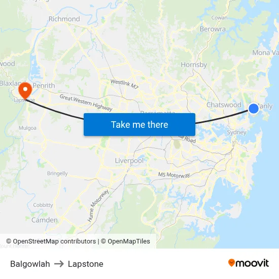 Balgowlah to Lapstone map