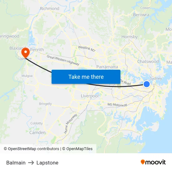 Balmain to Lapstone map