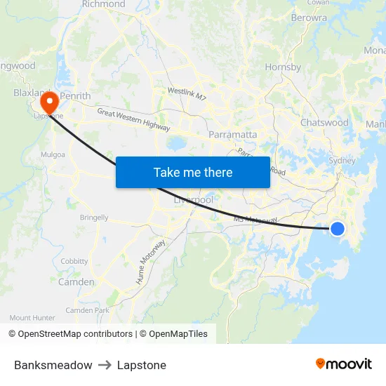 Banksmeadow to Lapstone map