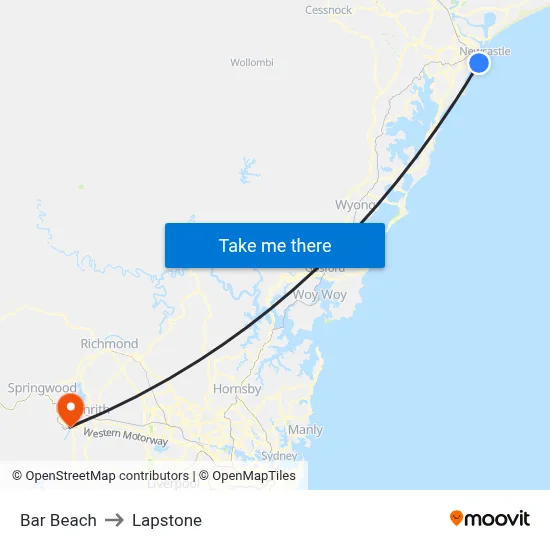 Bar Beach to Lapstone map