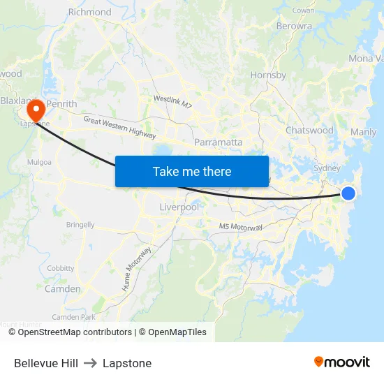 Bellevue Hill to Lapstone map