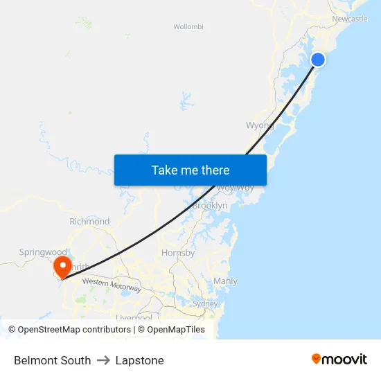 Belmont South to Lapstone map