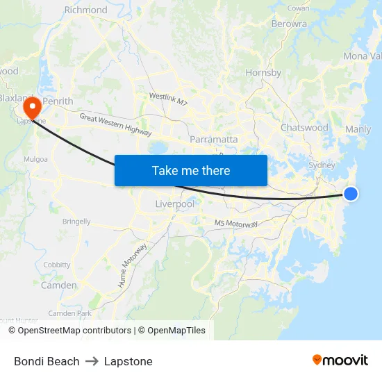 Bondi Beach to Lapstone map