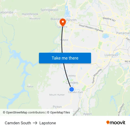 Camden South to Lapstone map