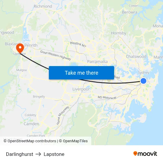 Darlinghurst to Lapstone map