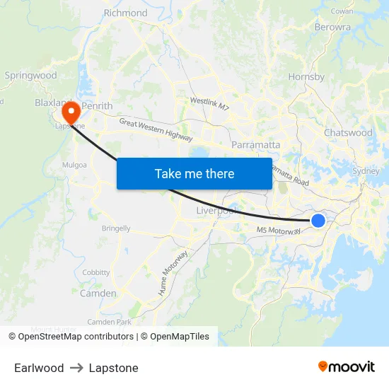 Earlwood to Lapstone map