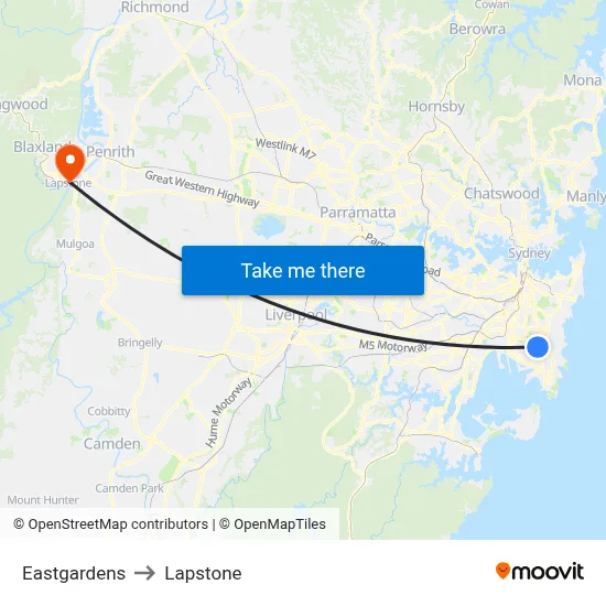 Eastgardens to Lapstone map