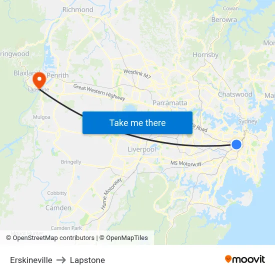 Erskineville to Lapstone map