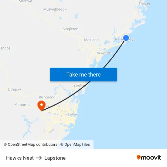 Hawks Nest to Lapstone map