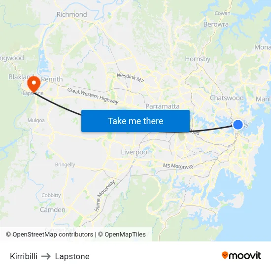 Kirribilli to Lapstone map