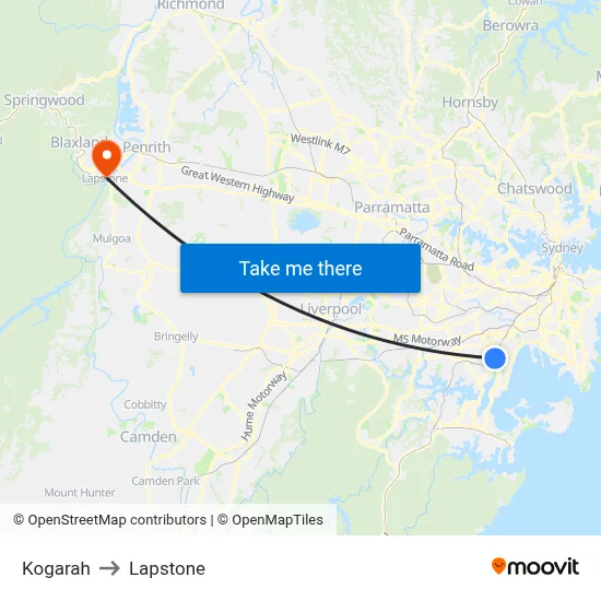 Kogarah to Lapstone map