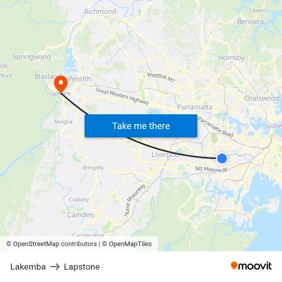 Lakemba to Lapstone map