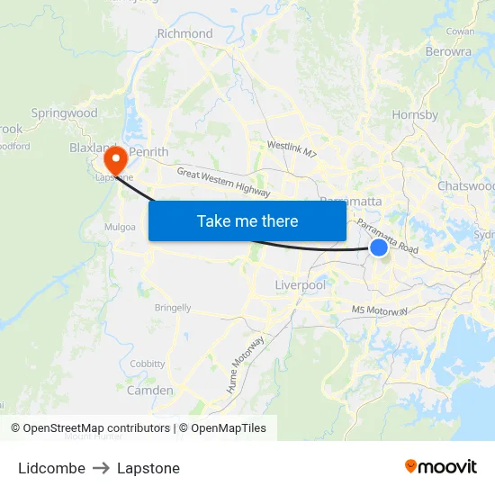 Lidcombe to Lapstone map