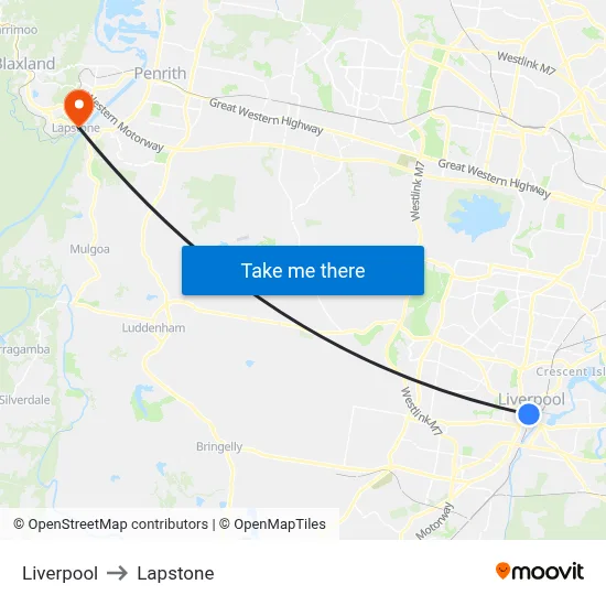 Liverpool to Lapstone map