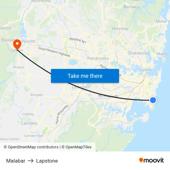 Malabar to Lapstone map