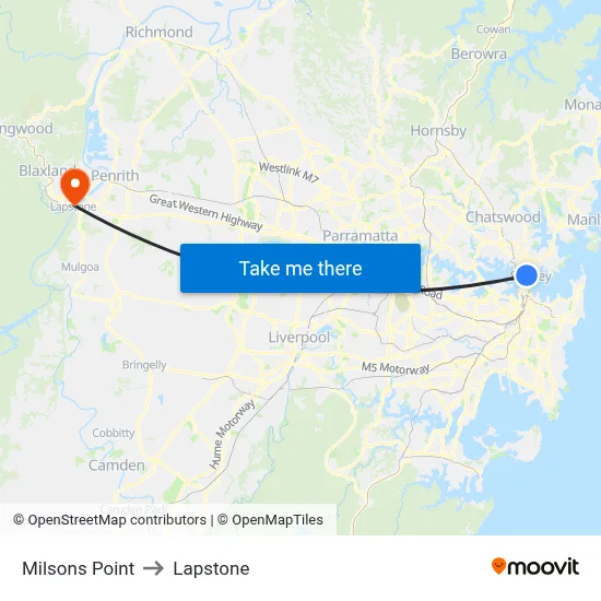 Milsons Point to Lapstone map
