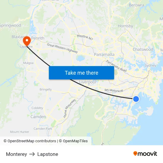 Monterey to Lapstone map