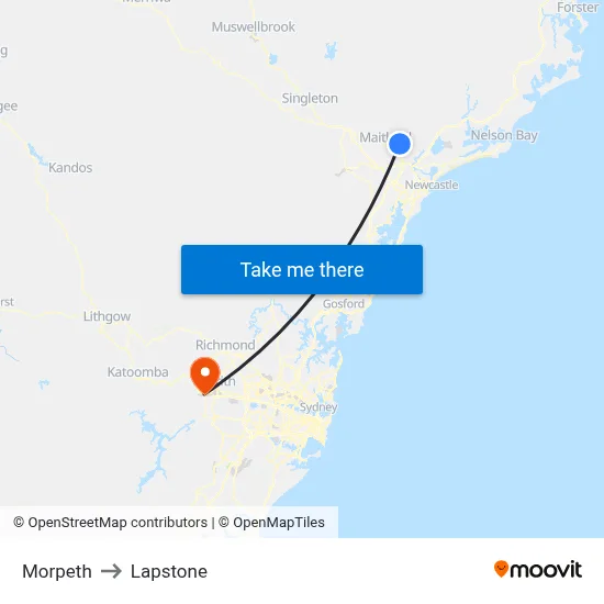 Morpeth to Lapstone map