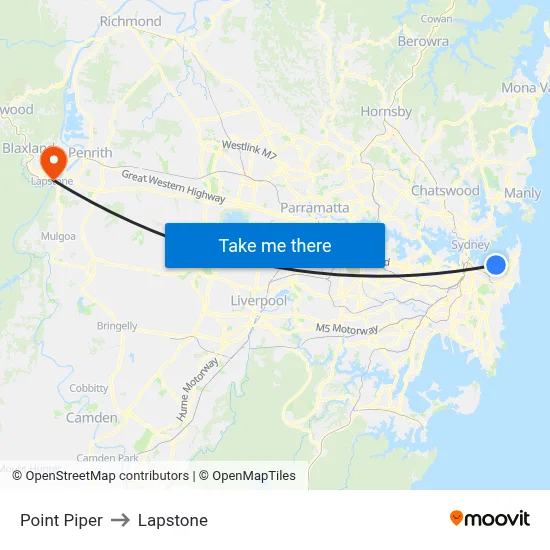 Point Piper to Lapstone map