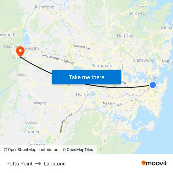 Potts Point to Lapstone map