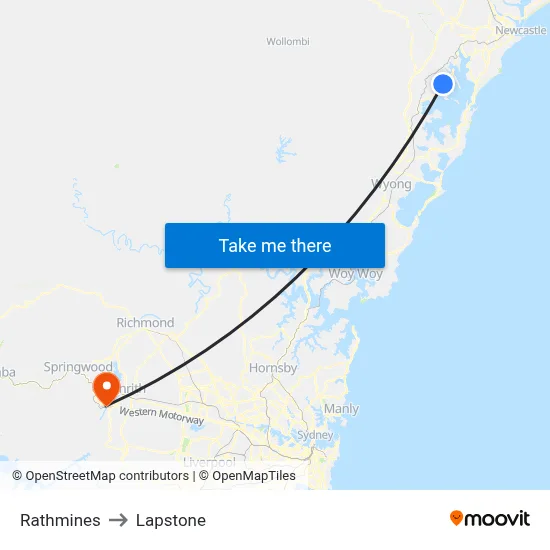Rathmines to Lapstone map