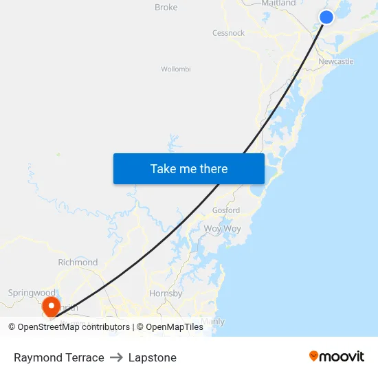 Raymond Terrace to Lapstone map