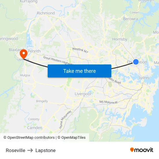 Roseville to Lapstone map