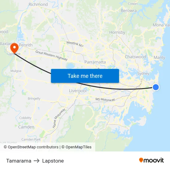 Tamarama to Lapstone map
