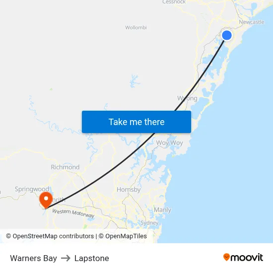 Warners Bay to Lapstone map