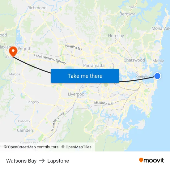 Watsons Bay to Lapstone map