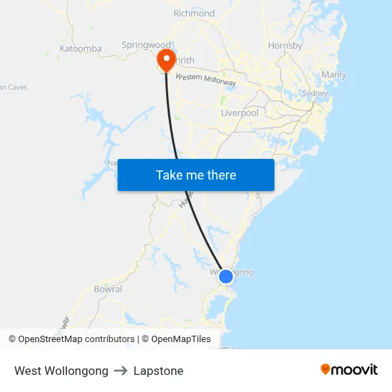 West Wollongong to Lapstone map
