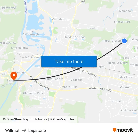 Willmot to Lapstone map