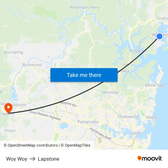 Woy Woy to Lapstone map