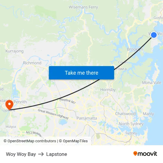 Woy Woy Bay to Lapstone map
