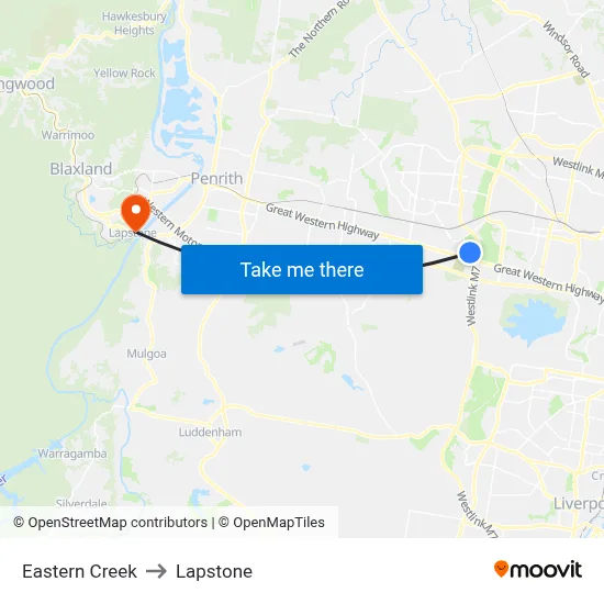 Eastern Creek to Lapstone map