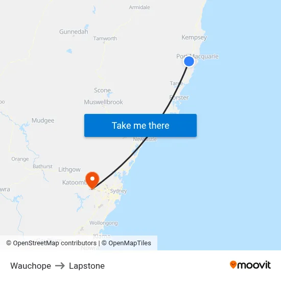 Wauchope to Lapstone map