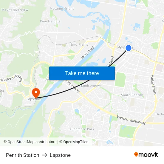 Penrith Station to Lapstone map