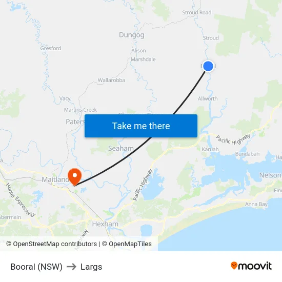 Booral (NSW) to Largs map