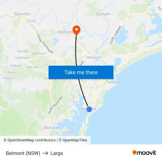 Belmont (NSW) to Largs map