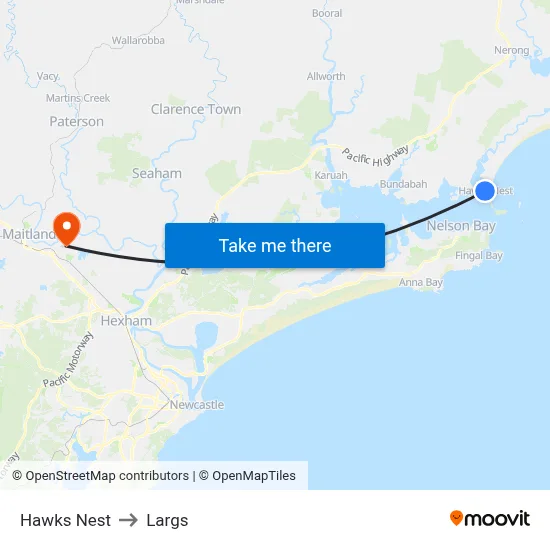 Hawks Nest to Largs map
