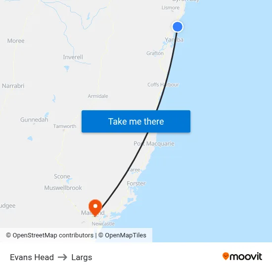 Evans Head to Largs map