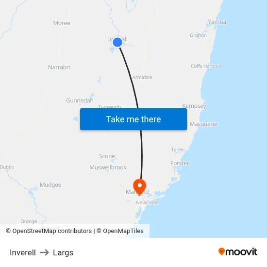 Inverell to Largs map