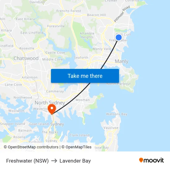 Freshwater (NSW) to Lavender Bay map