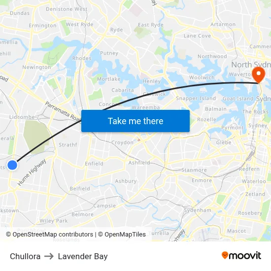 Chullora to Lavender Bay map