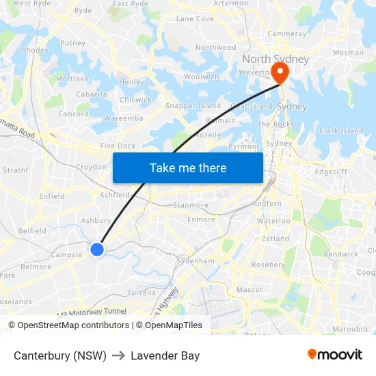 Canterbury (NSW) to Lavender Bay map