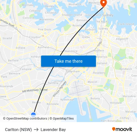 Carlton (NSW) to Lavender Bay map