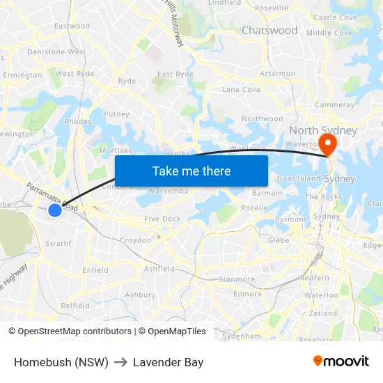 Homebush (NSW) to Lavender Bay map